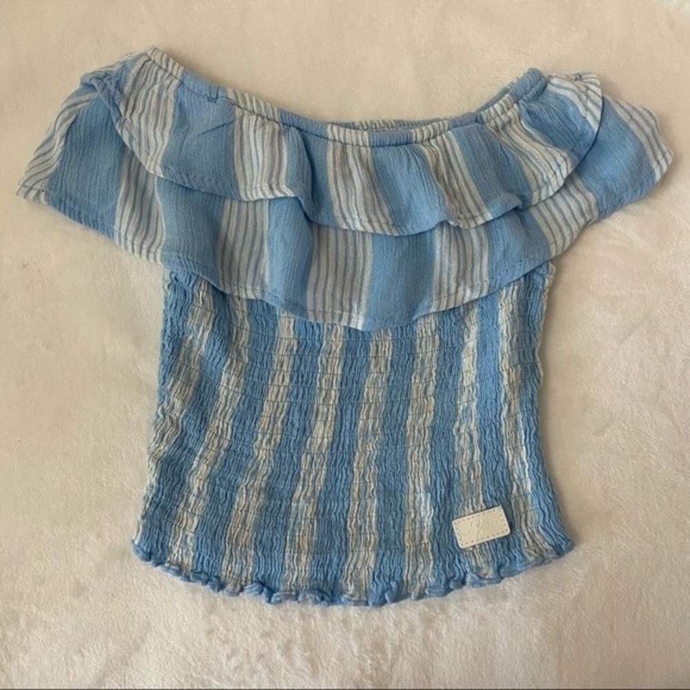 7 For All Mankind Blue White Striped Off Shoulder Ruffle Top